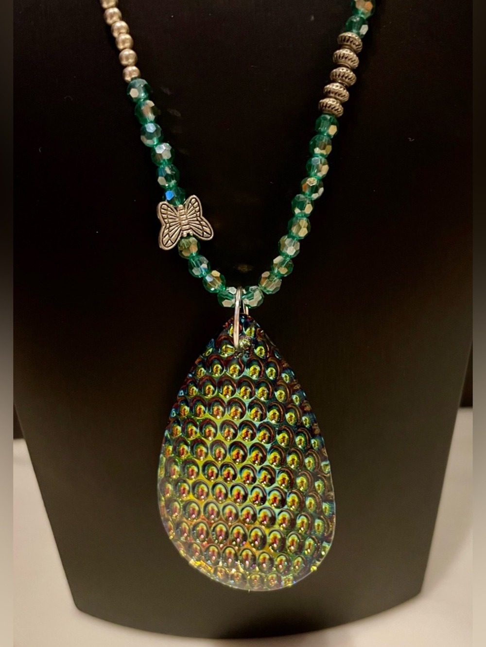 Handmade Green Dichroic Glass Iridescent Teardrop Pendant Necklace